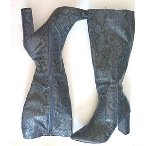 Catherine Maladrino Snake Print Knee Boots 6.5 Black Navy High Heel Pointed Toe